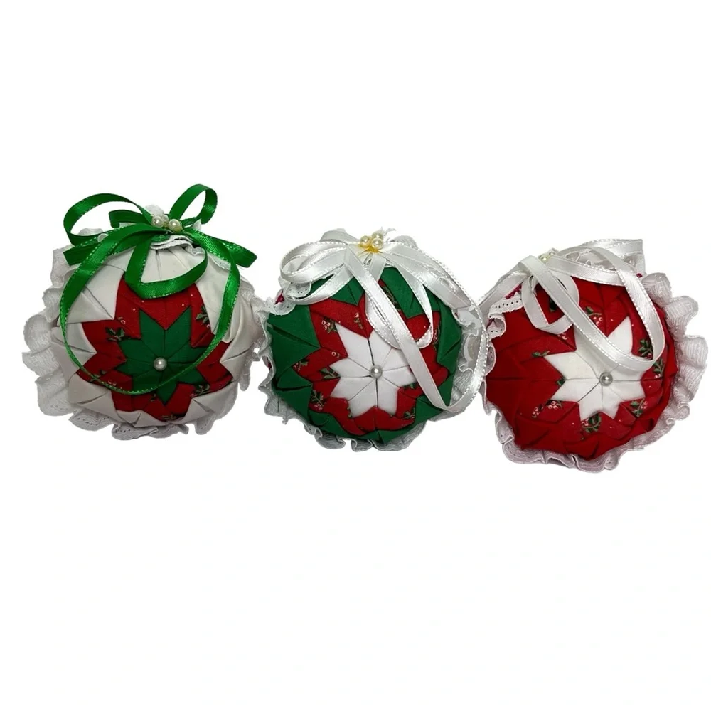Vintage Handmade Folded Fabric Multicolor Christmas Ball‎ Ornaments Set of 7